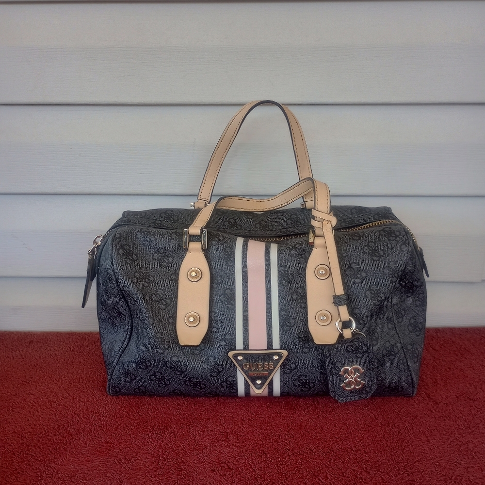 GUESS Logo Sport Large Box Satchel Bag Coal Black Beige SI503407